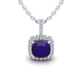 1 3/4 Carat Cushion Cut Amethyst and Halo Diamond Necklace In 14 Karat White Gold, 18 Inches