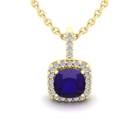 1 3/4 Carat Cushion Cut Amethyst and Halo Diamond Necklace In 14 Karat Yellow Gold, 18 Inches