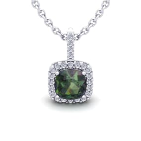 2 Carat Cushion Shape Mystic Topaz Necklace and Diamond Halo In 14 Karat White Gold, 18 Inches