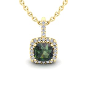 2 Carat Cushion Shape Mystic Topaz Necklace and Diamond Halo In 14 Karat Yellow Gold, 18 Inches