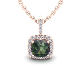 2 Carat Cushion Shape Mystic Topaz Necklace and Diamond Halo In 14 Karat Rose Gold, 18 Inches