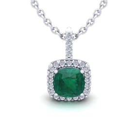 2 Carat Cushion Shape Emerald Necklaces With Diamond Halo In 14 Karat White Gold, 18 Inch Chain