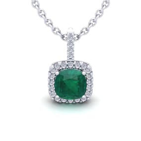 2 Carat Cushion Shape Emerald Necklaces With Diamond Halo In 14 Karat White Gold, 18 Inch Chain