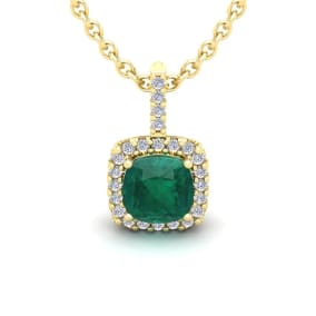 2 Carat Cushion Shape Emerald Necklaces With Diamond Halo In 14 Karat Yellow Gold, 18 Inch Chain