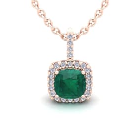 2 Carat Cushion Shape Emerald Necklaces With Diamond Halo In 14 Karat Rose Gold, 18 Inch Chain