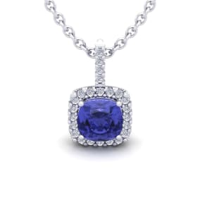 1 3/4 Carat Cushion Cut Tanzanite and Halo Diamond Necklace In 14 Karat White Gold, 18 Inches