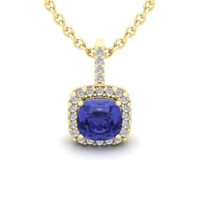 1 3/4 Carat Cushion Cut Tanzanite and Halo Diamond Necklace In 14 Karat Yellow Gold, 18 Inches