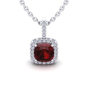 1 3/4 Carat Cushion Cut Garnet and Halo Diamond Necklace In 14 Karat White Gold, 18 Inches