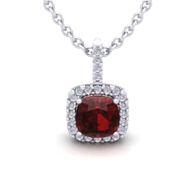 Garnet Necklace: Garnet Jewelry: 1 3/4 Carat Cushion Cut Garnet and Halo Diamond Necklace In 14 Karat White Gold, 18 Inches