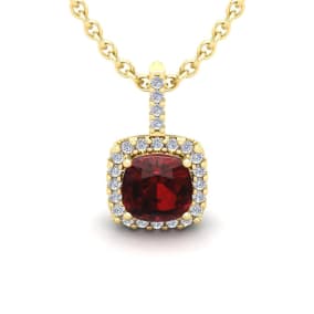 1 3/4 Carat Cushion Cut Garnet and Halo Diamond Necklace In 14 Karat Yellow Gold, 18 Inches