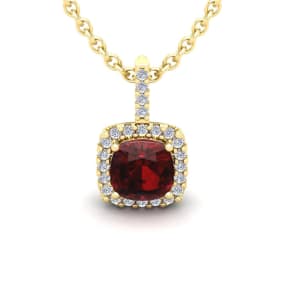 Garnet Necklace: Garnet Jewelry: 1 3/4 Carat Cushion Cut Garnet and Halo Diamond Necklace In 14 Karat Yellow Gold, 18 Inches