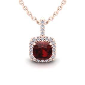 Garnet Necklace: Garnet Jewelry: 1 3/4 Carat Cushion Cut Garnet and Halo Diamond Necklace In 14 Karat Rose Gold, 18 Inches