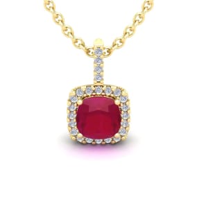 2 Carat Cushion Cut Ruby and Halo Diamond Necklace In 14 Karat Yellow Gold, 18 Inches