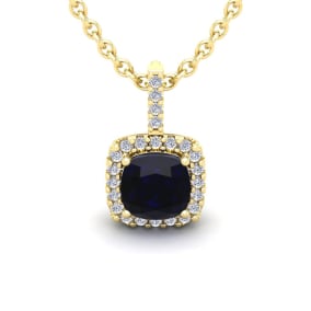 2 Carat Cushion Cut Sapphire and Halo Diamond Necklace In 14 Karat Yellow Gold, 18 Inches