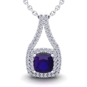 1 Carat Cushion Cut Amethyst and Double Halo Diamond Necklace In 14 Karat White Gold, 18 Inches