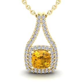 1 Carat Cushion Cut Citrine and Double Halo Diamond Necklace In 14 Karat Yellow Gold, 18 Inches