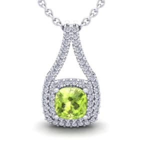 1 1/3 Carat Cushion Cut Peridot and Double Halo Diamond Necklace In 14 Karat White Gold, 18 Inches