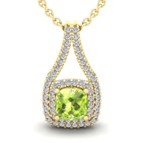 1 1/3 Carat Cushion Cut Peridot and Double Halo Diamond Necklace In 14 Karat Yellow Gold, 18 Inches