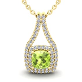 1 1/3 Carat Cushion Cut Peridot and Double Halo Diamond Necklace In 14 Karat Yellow Gold, 18 Inches