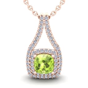 1 1/3 Carat Cushion Cut Peridot and Double Halo Diamond Necklace In 14 Karat Rose Gold, 18 Inches