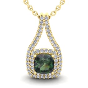 1-1/3 Carat Cushion Shape Mystic Topaz Necklace With Double Diamond Halo In 14 Karat Yellow Gold, 18 Inches