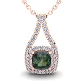 1-1/3 Carat Cushion Shape Mystic Topaz Necklace With Double Diamond Halo In 14 Karat Rose Gold, 18 Inches