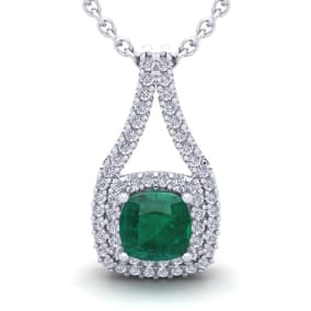 1-1/2 Carat Cushion Shape Emerald Necklaces With Double Halo Diamonds In 14 Karat White Gold, 18 Inch Chain