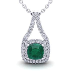 1-1/2 Carat Cushion Shape Emerald Necklaces With Double Halo Diamonds In 14 Karat White Gold, 18 Inch Chain