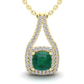 1-1/2 Carat Cushion Shape Emerald Necklaces With Double Halo Diamonds In 14 Karat Yellow Gold, 18 Inch Chain