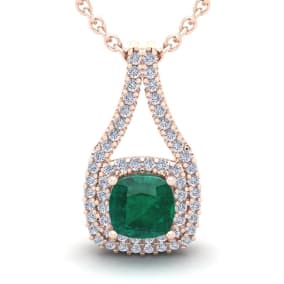 1-1/2 Carat Cushion Shape Emerald Necklaces With Double Halo Diamonds In 14 Karat Rose Gold, 18 Inch Chain