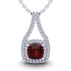 1 1/2 Carat Cushion Cut Garnet and Double Halo Diamond Necklace In 14 Karat White Gold, 18 Inches