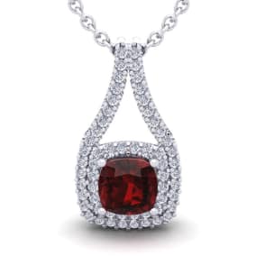 Garnet Necklace: Garnet Jewelry: 1 1/2 Carat Cushion Cut Garnet and Double Halo Diamond Necklace In 14 Karat White Gold, 18 Inches