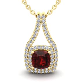 1 1/2 Carat Cushion Cut Garnet and Double Halo Diamond Necklace In 14 Karat Yellow Gold, 18 Inches