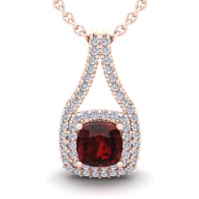 Garnet Necklace: Garnet Jewelry: 1 1/2 Carat Cushion Cut Garnet and Double Halo Diamond Necklace In 14 Karat Rose Gold, 18 Inches