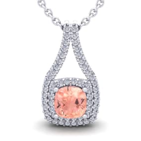 1-1/4 Carat Cushion Shape Morganite Necklace and Double Diamond Halo In 14 Karat White Gold With 18 Inch Chain