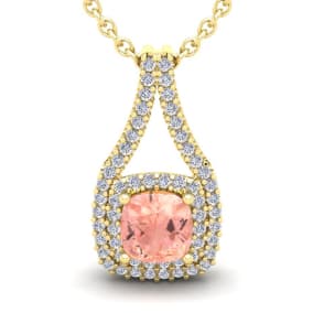 1-1/4 Carat Cushion Shape Morganite Necklace and Double Diamond Halo In 14 Karat Yellow Gold With 18 Inch Chain