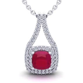 1 2/3 Carat Cushion Cut Ruby and Double Halo Diamond Necklace In 14 Karat White Gold, 18 Inches