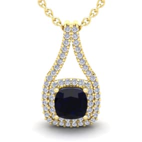 1 1/3 Carat Cushion Cut Sapphire and Double Halo Diamond Necklace In 14 Karat Yellow Gold, 18 Inches