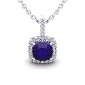 2 1/2 Carat Cushion Cut Amethyst and Halo Diamond Necklace In 14 Karat White Gold, 18 Inches