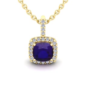 2 1/2 Carat Cushion Cut Amethyst and Halo Diamond Necklace In 14 Karat Yellow Gold, 18 Inches