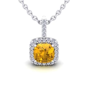 2 1/2 Carat Cushion Cut Citrine and Halo Diamond Necklace In 14 Karat White Gold, 18 Inches