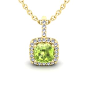 3 Carat Cushion Cut Peridot and Halo Diamond Necklace In 14 Karat Yellow Gold, 18 Inches