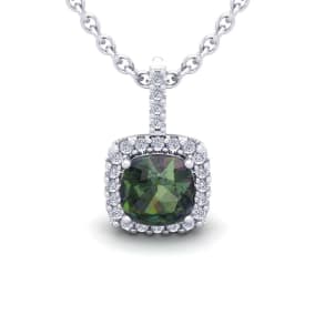 2-1/2 Carat Cushion Shape Mystic Topaz Necklace With Diamond Halo In 14 Karat White Gold, 18 Inches