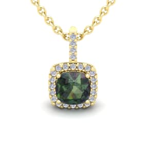 2-1/2 Carat Cushion Shape Mystic Topaz Necklace With Diamond Halo In 14 Karat Yellow Gold, 18 Inches