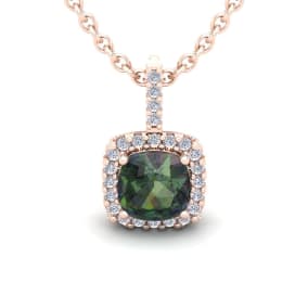 2-1/2 Carat Cushion Shape Mystic Topaz Necklace With Diamond Halo In 14 Karat Rose Gold, 18 Inches