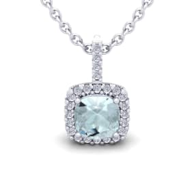 Aquamarine Necklace: Aquamarine Jewelry: 2 1/2 Carat Cushion Cut Aquamarine and Halo Diamond Necklace In 14 Karat White Gold, 18 Inches