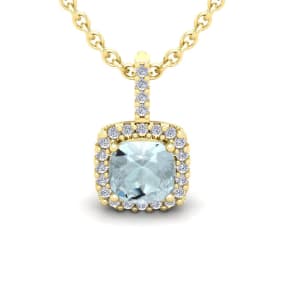 Aquamarine Necklace: Aquamarine Jewelry: 2 1/2 Carat Cushion Cut Aquamarine and Halo Diamond Necklace In 14 Karat Yellow Gold, 18 Inches