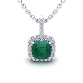 2-1/2 Carat Cushion Shape Emerald Necklaces With Diamond Halo In 14 Karat White Gold, 18 Inch Chain