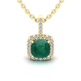 2-1/2 Carat Cushion Shape Emerald Necklaces With Diamond Halo In 14 Karat Yellow Gold, 18 Inch Chain