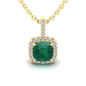 2-1/2 Carat Cushion Shape Emerald Necklaces With Diamond Halo In 14 Karat Yellow Gold, 18 Inch Chain